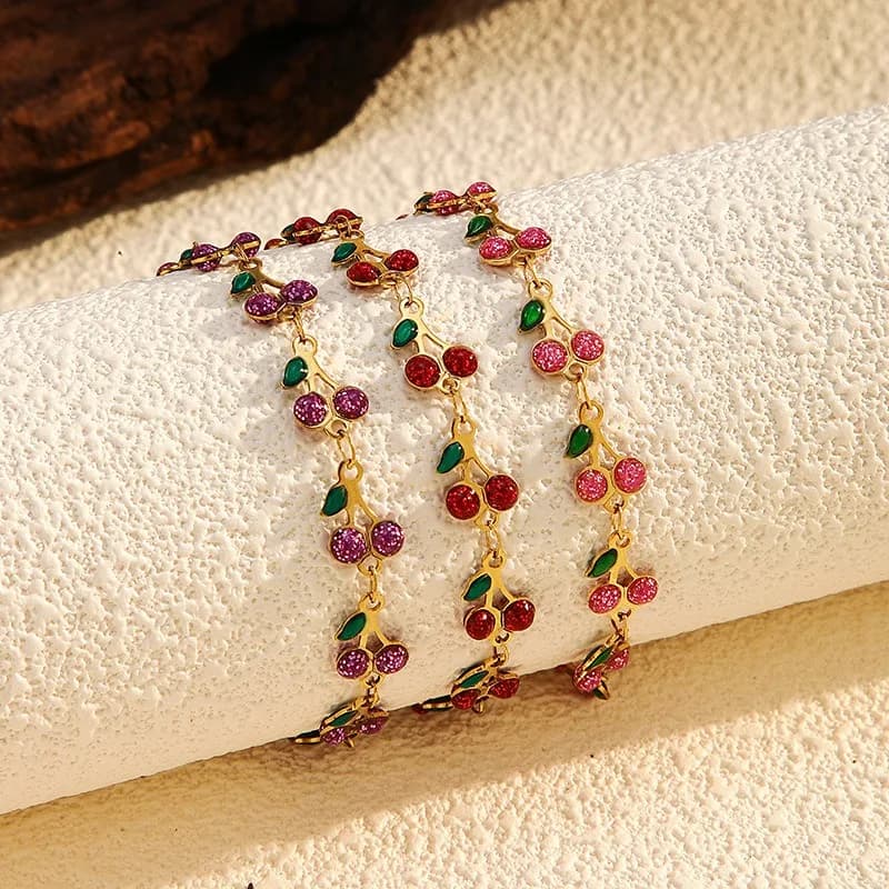 Braccialetto con Ciliegia Carina in Acciaio Inossidabile Placcato Oro, Gioielli Minimalisti da Donna