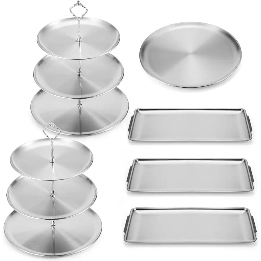 Set of 6 Pieces for Dessert Exhibition: 2 Cupcake Stands in Stainless Steel, 3 Plants for Cakes, 3 Rectangular Trays, 1 Round Tray for Cakes