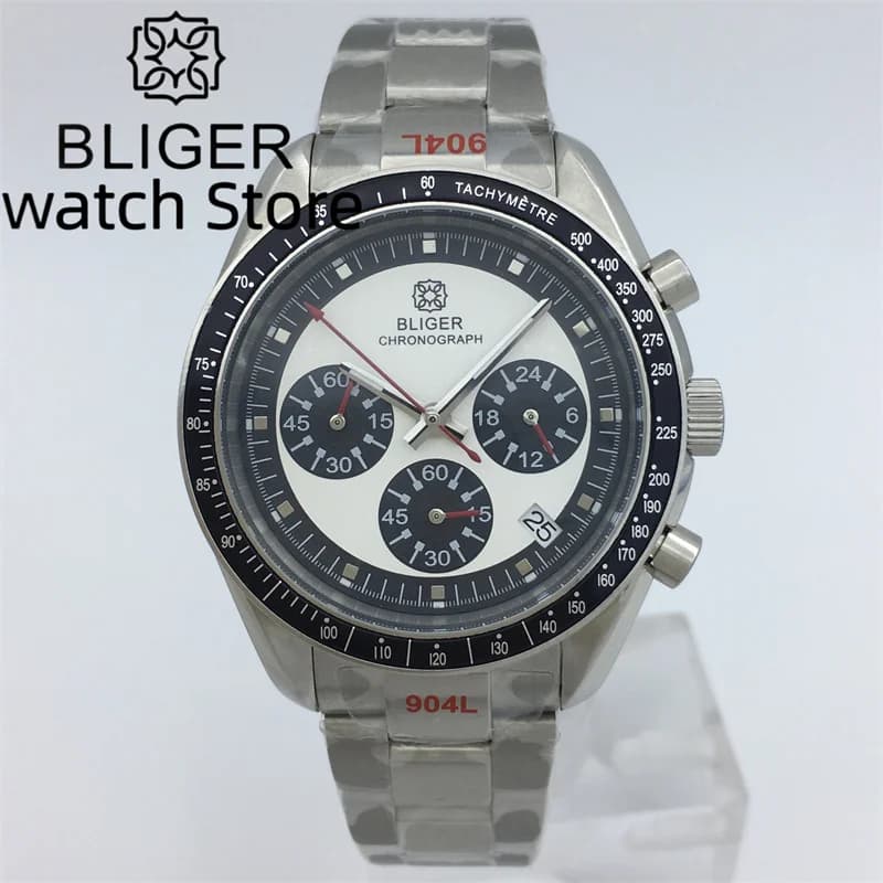BLIGER 40mm Speed Chronograph Quartz Watch For Men VK63 Movement Automatic Date Stainless Steel Bracelet