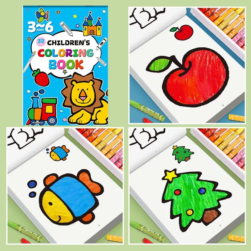 32 Pages of Fun Drawings Children's Coloring Book 32 Patterns Animal Fruit Transportation Marine Animal Theme Enlightenment Book