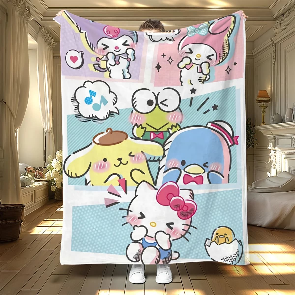 Coperta con Stampa Cartoon Sanrio, Morbida e Accogliente Coperta per Divano, Letto, Campeggio e Viaggi, Regalo Ideale per Festival e Compleanni per Bambini