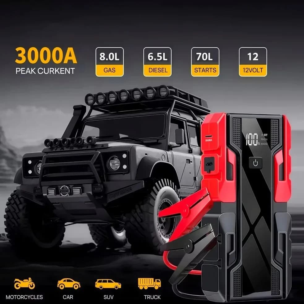 Avviatore di Emergenza per Auto con Display LCD 3000A di Picco, Power Bank 99800mAh per Veicoli 12V, Motori a Benzina 8L/Diesel 6.5L