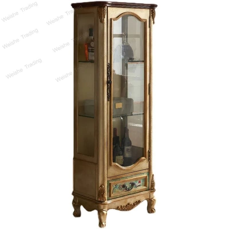 Mobiletto portabottiglie in legno massello dipinto, con vetro, in stile europeo, per soggiorno, invecchiato e appoggiato al muro.