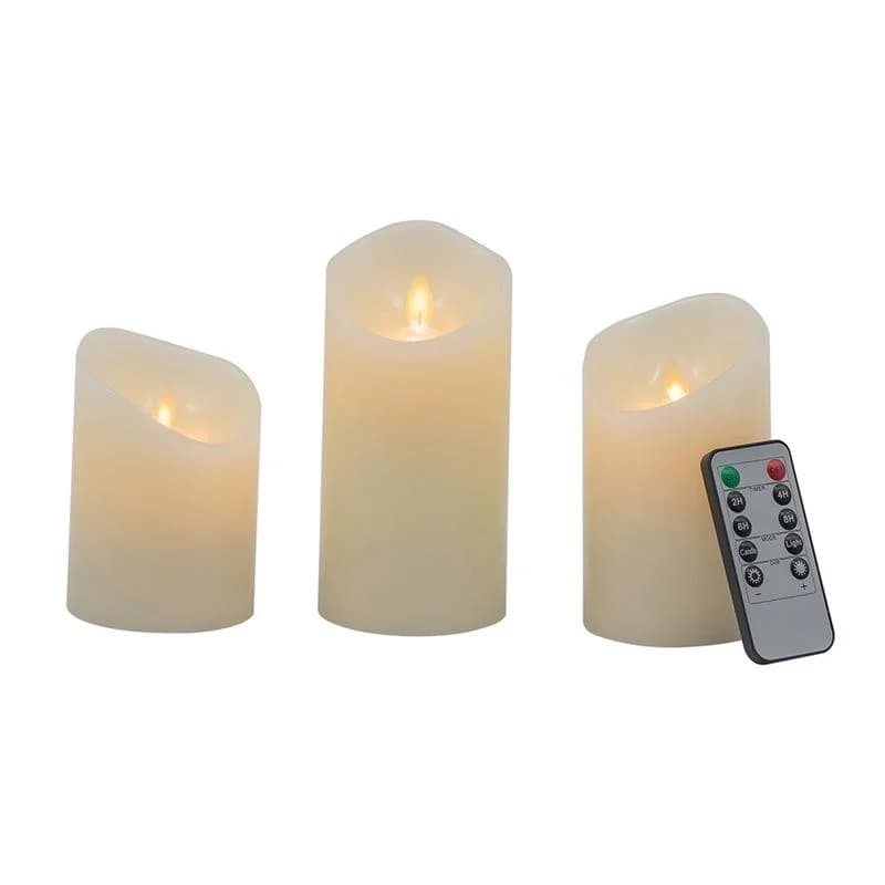 Set di 3 Candele LED Tremolanti Avorio con Telecomando e Timer, L:3X6", M:3X5", S:3X4"