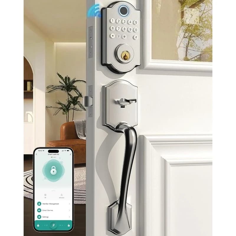 WiFi Smart Door Lock Impronta digitale Keyless Entry Tastiera Catenaccio App Alexa Controllo remoto Blocco automatico Maniglia in nichel satinato