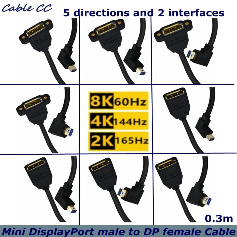 8K/60Hz, 4K/144Hz 90 gradi Mini DisplayPort maschio coppia DP femmina con cavo dado, utilizzato per proiettori di visualizzazione, laptop, fotocamere