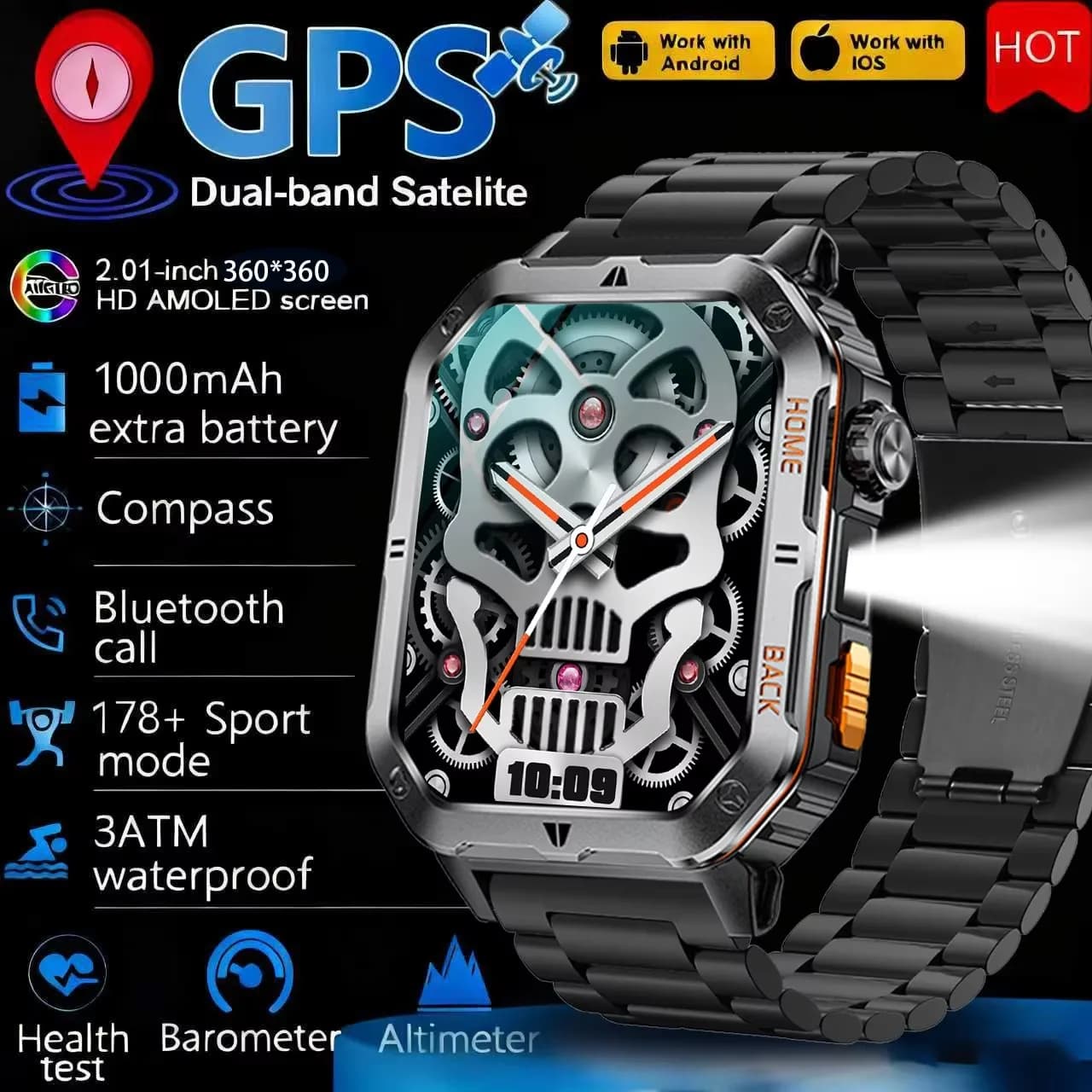 Nuovo Smartwatch da Uomo con GPS, Schermo HD da 2,01 Pollici, Bussola, Chiamate BT, Impermeabile, Super Resistente 1000MAH, Orologio Sportivo Intelligente