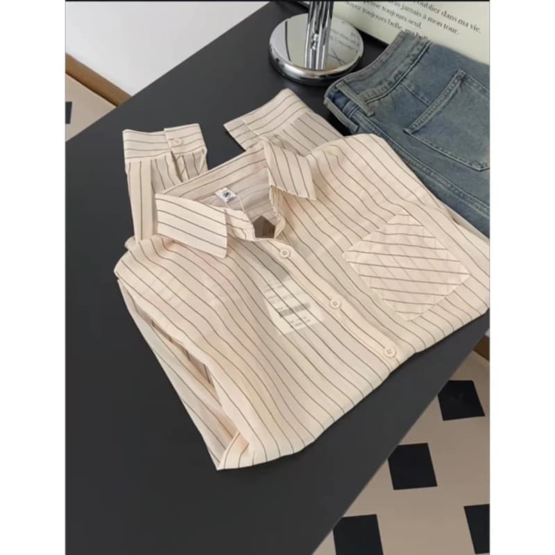 Camicetta Estiva da Donna a Maniche Lunghe con Protezione Solare, Stile College, Colletto a Camicia, Design Slimming a Righe Beige, Moda Casual