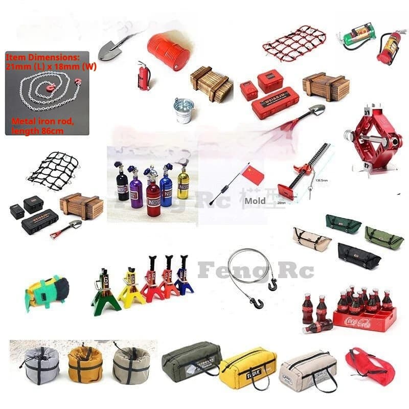 Kit Accessori per Simulazione RC Crawler Feng Rc Compatibile con TRX4 D90 SCX10 con Vano Portaoggetti, Pala e Secchio, Parti Decorative per Modellini Auto in Scala 1:10