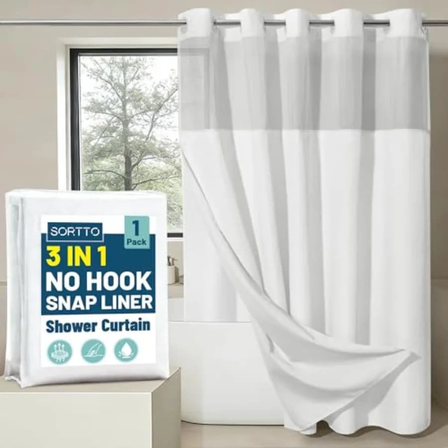 No Hook Slub Textured Shower Curtain with Snap in Liner - White Fabric Outer Curtain and Waterproof Inner Liner, Hotel Style wi