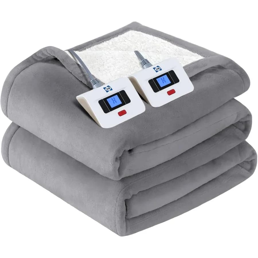 Coperta elettrica Queen Size Coperta riscaldata in flanella e Sherpa 10 impostazioni di calore Spegnimento automatico Lavabile in lavatrice Grigio chiaro 84 x 9