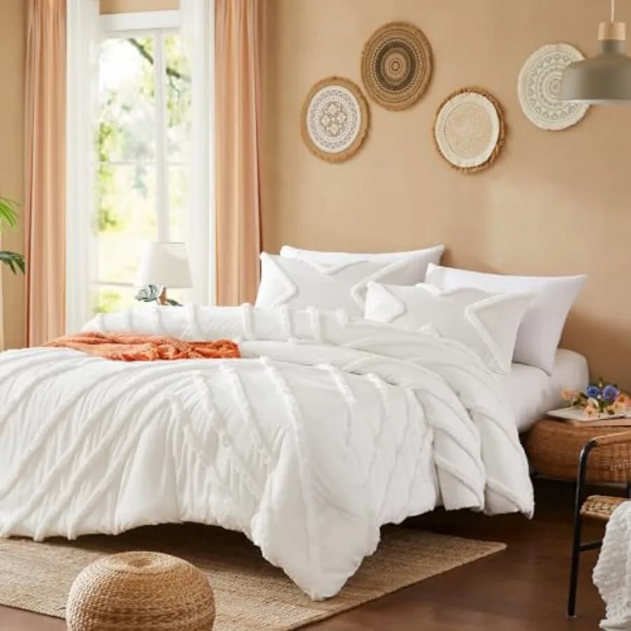 Set Copripiumino Avorio Trapuntato, Set Biancheria da Letto 3 Pezzi, Copripiumino Boho Morbido e Leggero con 2 Cuscini