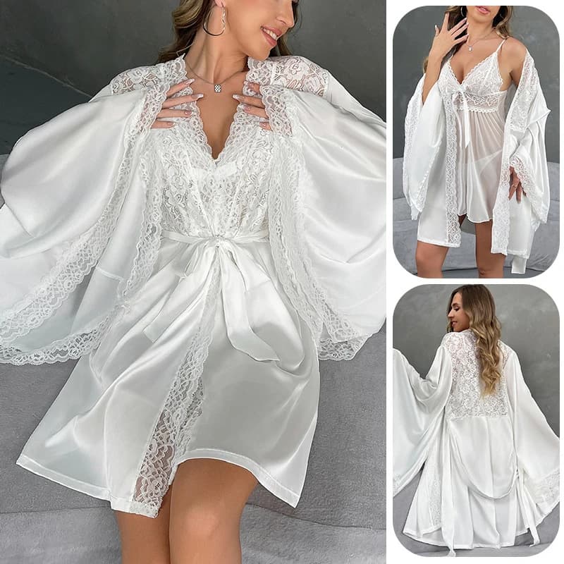 Satin Robe Sexy Sleepwear Pajamas Lingerie Nightgown Bathrobe Homewear Set Loose Womens Silk Negligee Peignoir Chemise Lace
