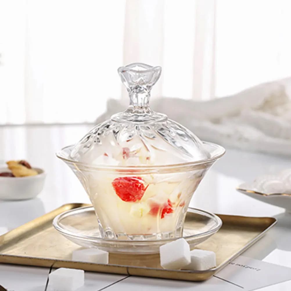 1Set Dessert Glass Bowl with Lid Spoon Saucer Transparent Creative Shape for Party Wedding Home Multipurpose Food Container