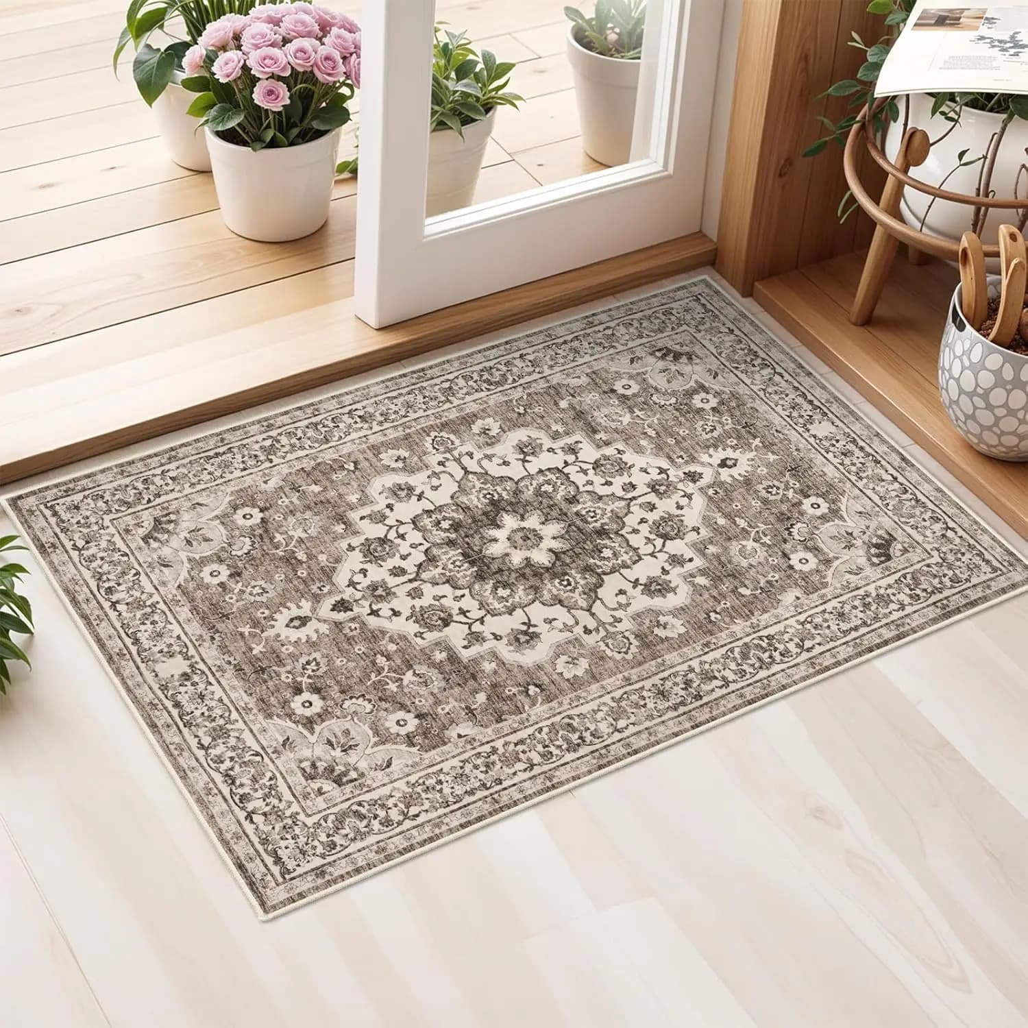Tappeto Orientale Lavabile 2x3 - Morbido Tappeto Antiscivolo per Soggiorno, Camera da Letto, Impermeabile e Antimacchia, Beige