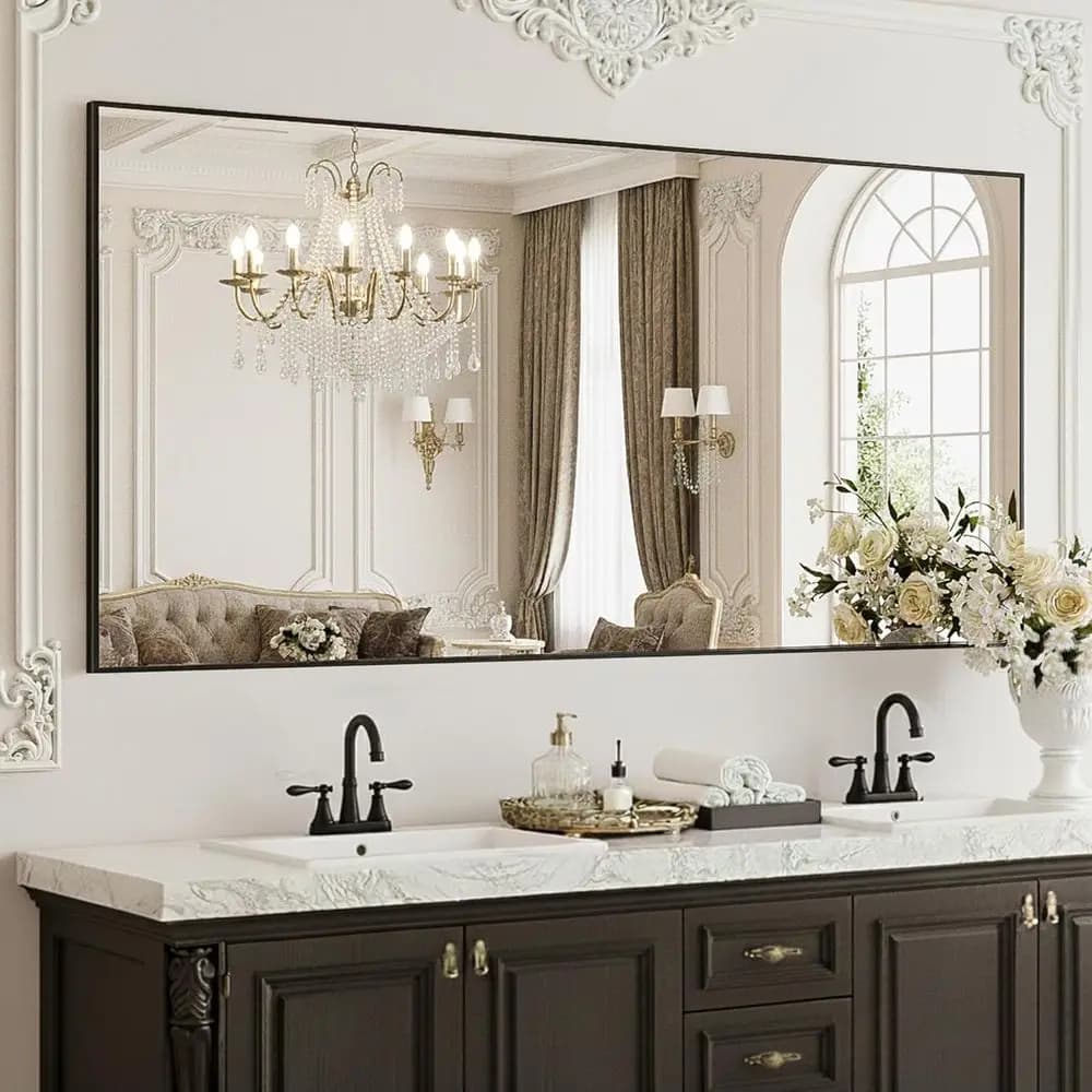 Specchio da Bagno Nero, 60x30 Pollici, Infrangibile e Antiruggine, Grande Specchio da Parete con Cornice in Metallo o da Posizionare Sopra il Lavabo, Bagno, B