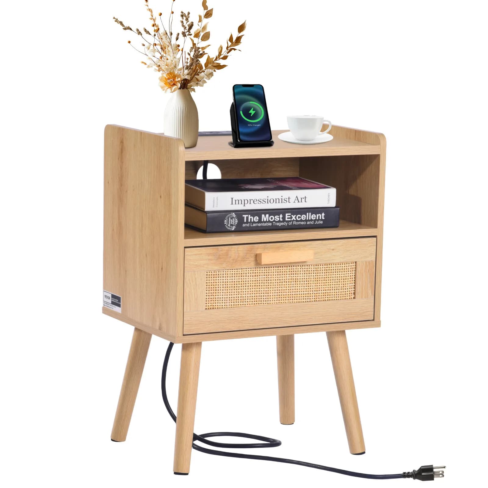 Comodino in Rattan con Cassetto e Ripiano Aperto, Tavolino da Notte in Stile Boho