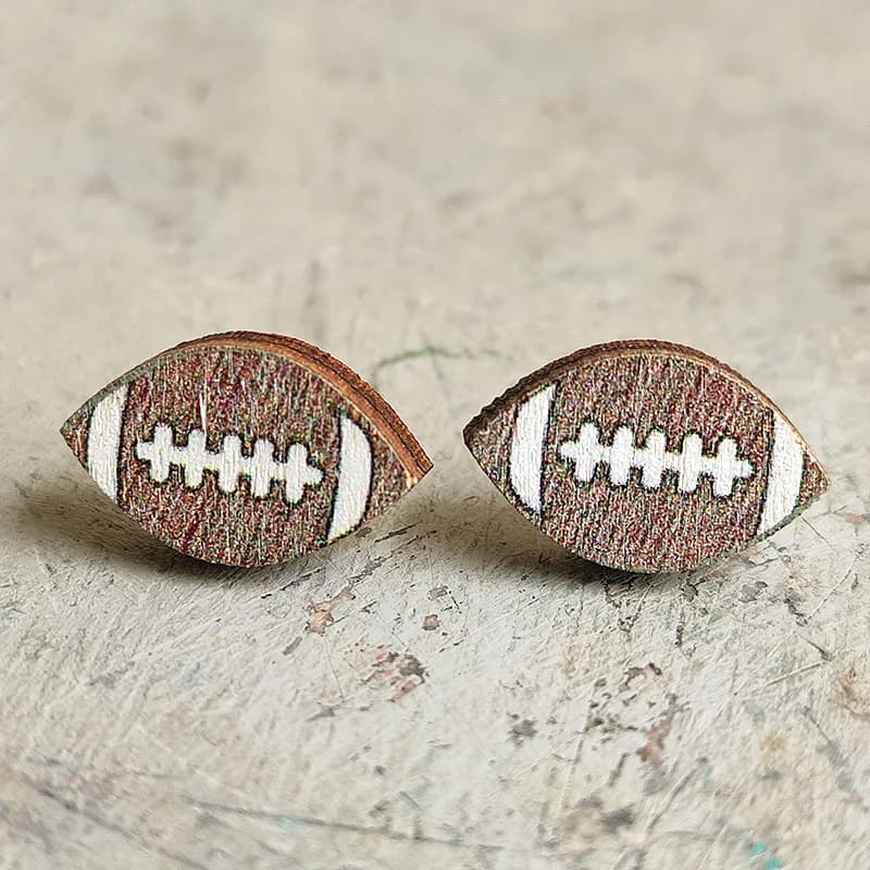 Orecchini a Perno in Legno Naturale a Forma di Pallone da Football Americano, Incisione Laser, Gioielli per Tifosi di Rugby