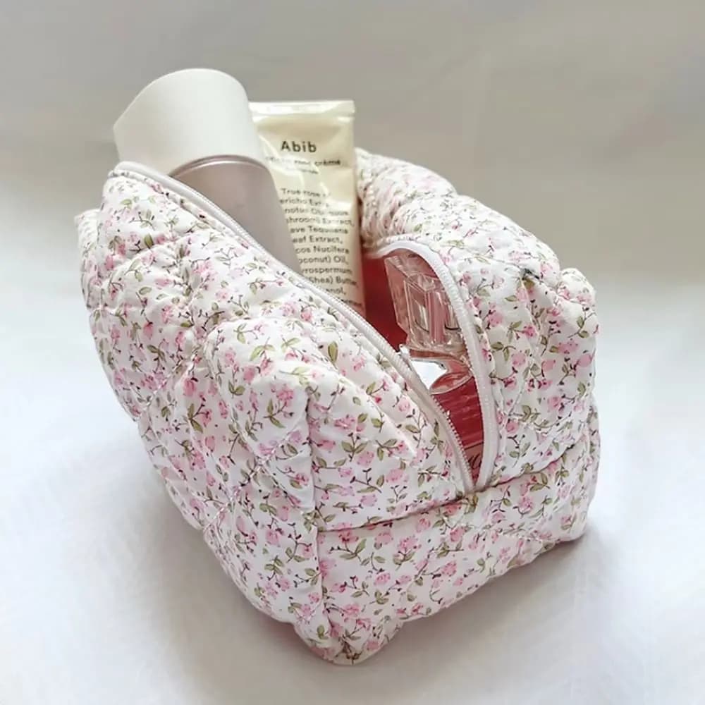 Borsa per il Trucco Trapuntata con Motivo Floreale, Grande Pochette da Viaggio per Cosmetici