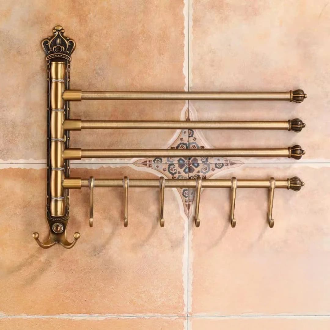 Tuqiu Antique Bronze Swivel Towel Hanger Carved Towel Bar Wall Mounted Folding Bathroom Towel Rail Rack Bathroom Towel Holder