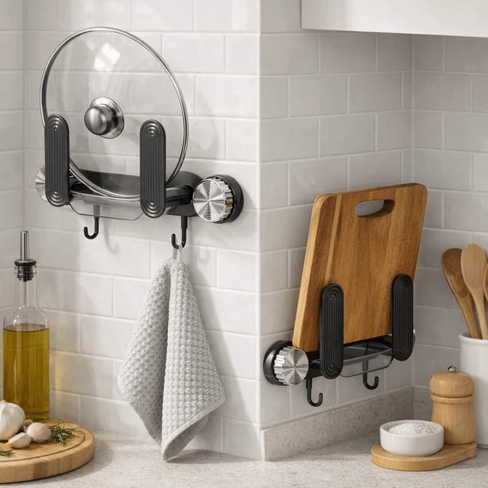 Supporto per coperchio per pentola a ventosa in plastica montato a parete salvaspazio per coperchio per pentola con ganci Scaffale per tagliere impermeabile da cucina