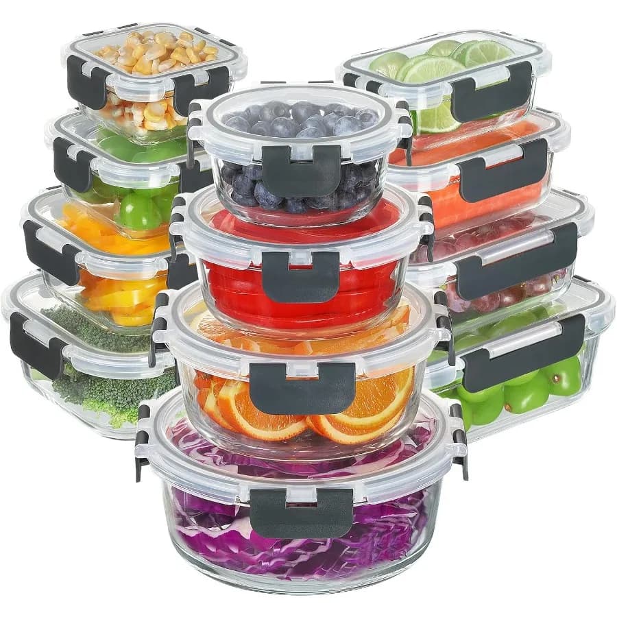 BAYZZ Contenitori per alimenti in vetro da 24 pezzi con coperchi Contenitori ermetici per la preparazione dei pasti in vetro per cucina Lunch Box senza BPA Micro