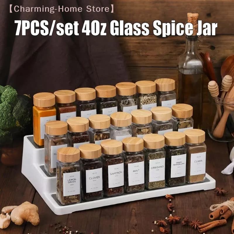 【M】7PCS/set 4Oz Glass Spice Jar Seasoning Containers With Bamboo Lids Square Empty Spice Bottles Herbs