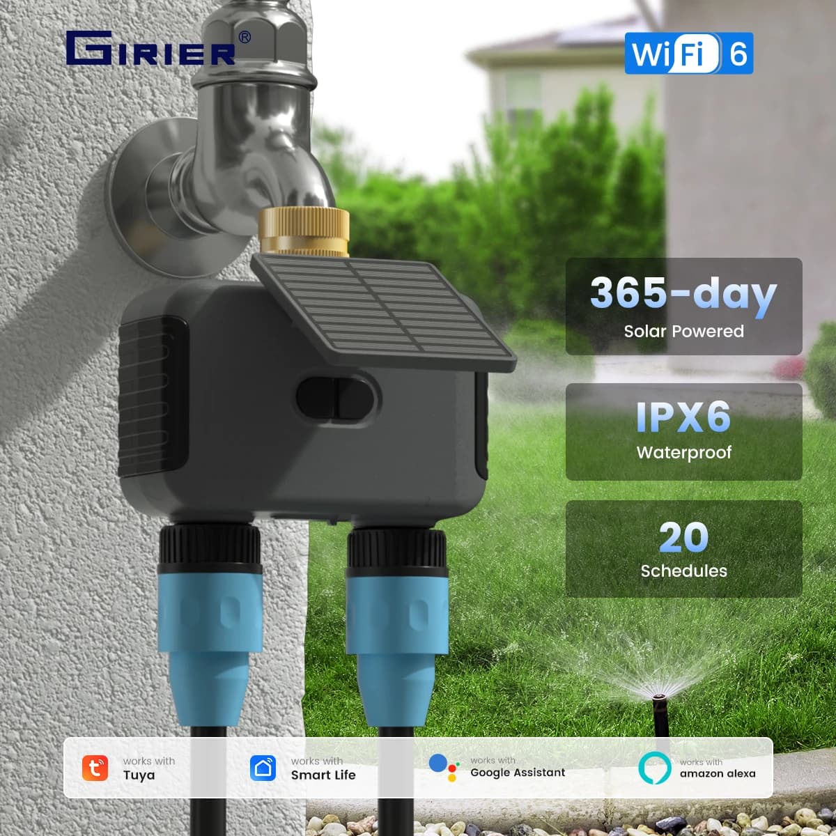 Timer per Irrigazione Intelligente GIRIER Tuya WiFi con Pannello Solare, 2 Uscite Programmabili, IPX6 per Irrigazione Automatica Smart