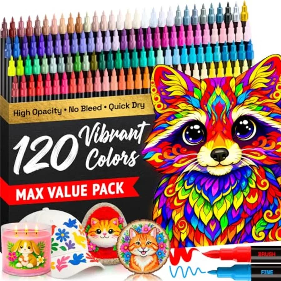 120 Acrylic Paint Pens - Dual Tip Brush + Fine Ideal for Calligraphy - Acrylic Paint Markers for Fabric, Rock, Glass, Wood, DIY