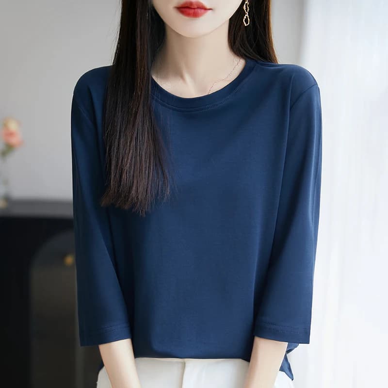 Spring And Summer New Casual 100% Cotton Cropped Sleeve Top Women's Fashion Mercerized Cotton Loose Round Neck T-Shirt