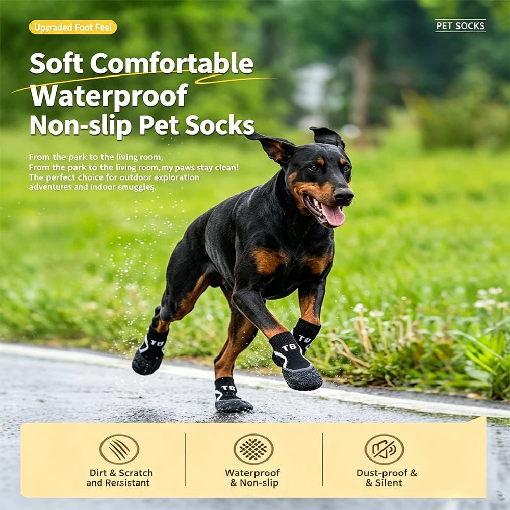 Waterproof Anti-slip Dog Socks 4Pcs Set, Durable Rubber Sole Pet Paw Protector Breathable Knit Socks for Indoor Outdoor Walking