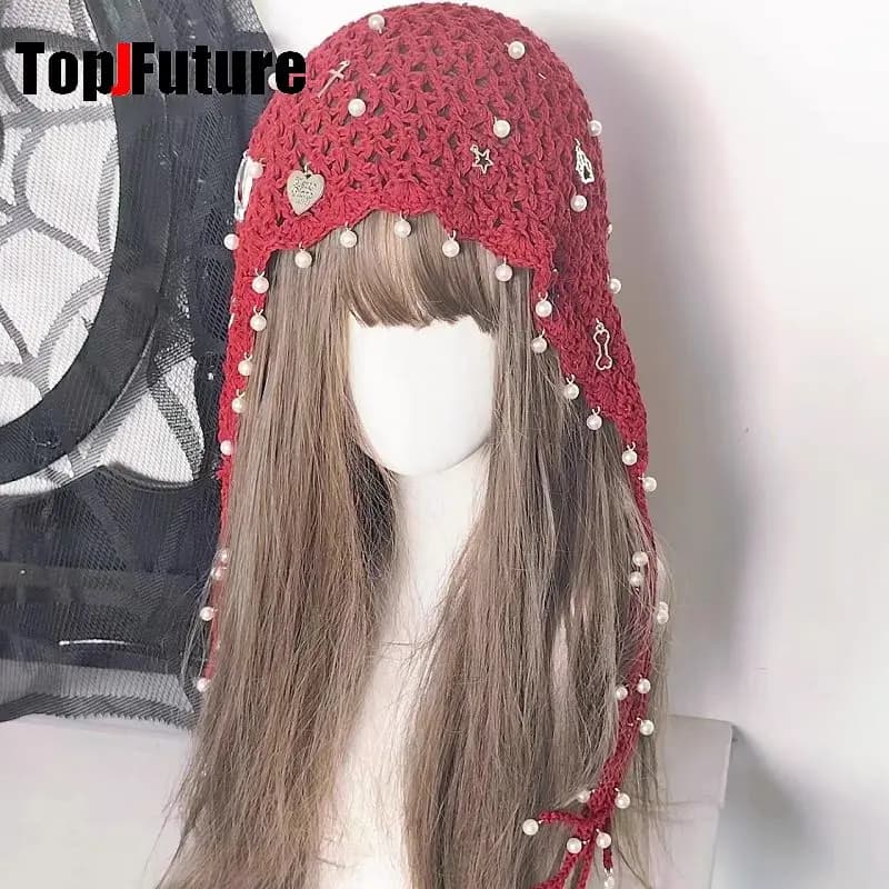 Cappello da donna Harajuku Steampunk Y2K gotico ragazza cappello teschio pera berretto slouchy unico croce nappa uncinetto fatto a mano cappello da lavoro pesante lavorato a maglia