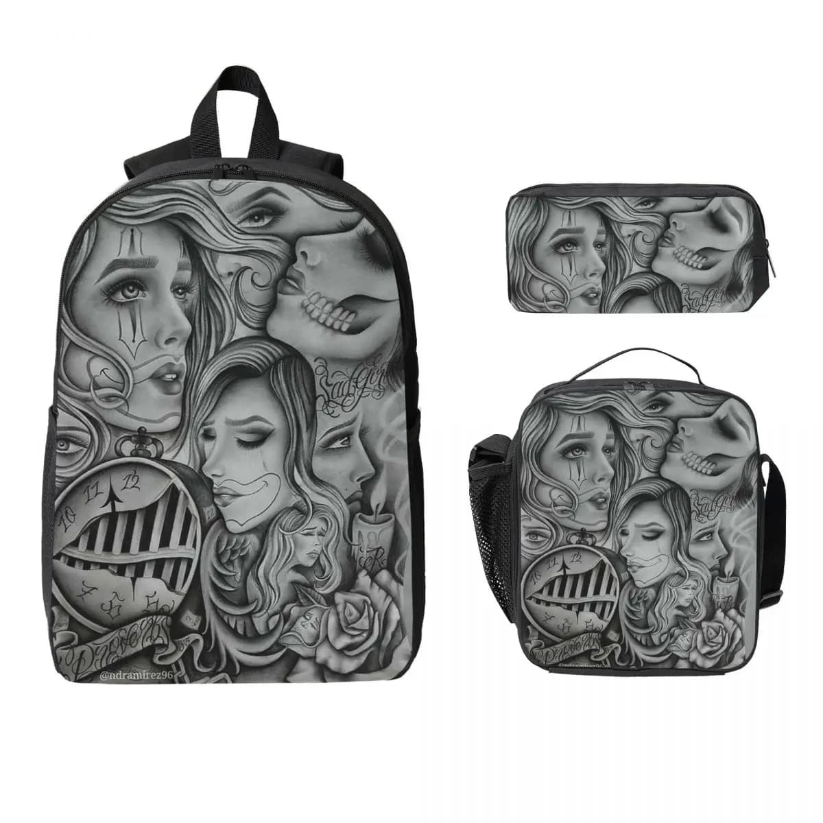 Triste Eyes Chola Clown Chicano Art Zaino artistico nero e grigio Studente BookBag Borsa da scuola Borsa da pranzo isolata 3ps Astuccio