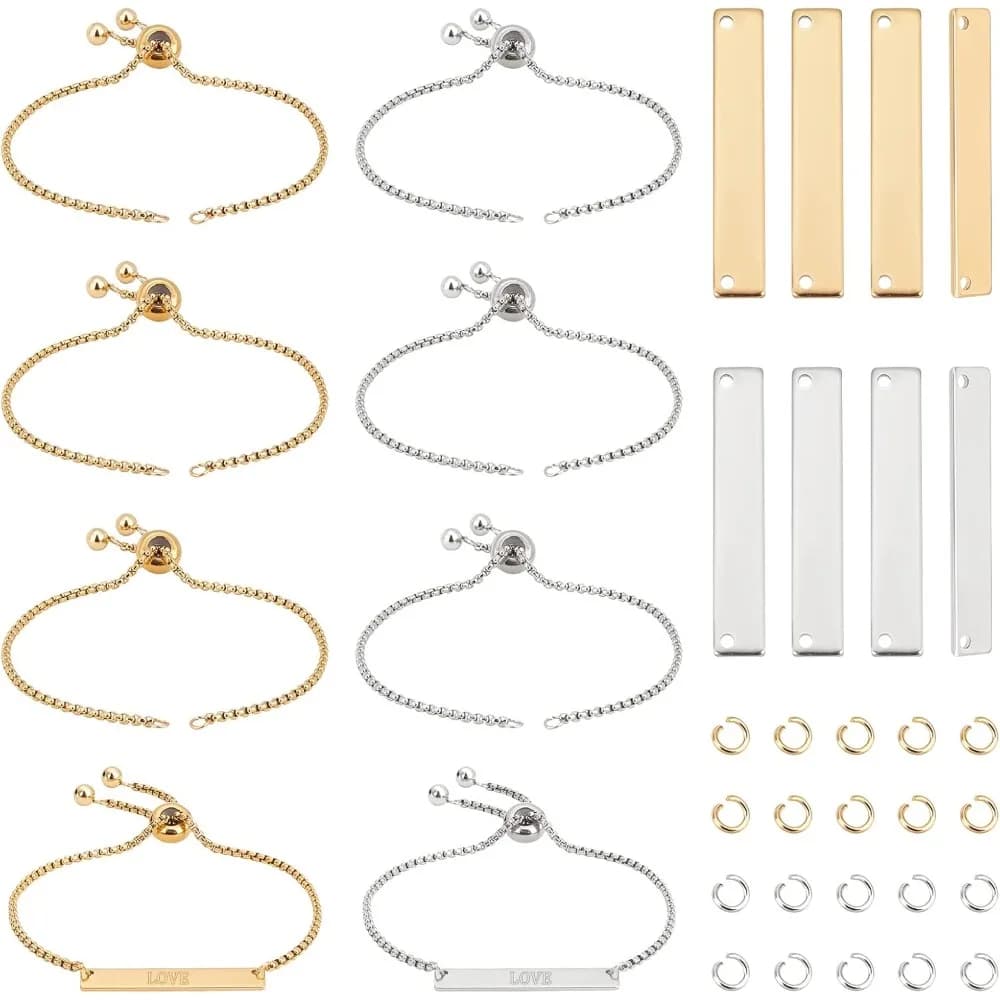 2 colors 8 set engraved bracelets diy kit including empty labels rectangular insert connectors 24 cm stainless steel 304