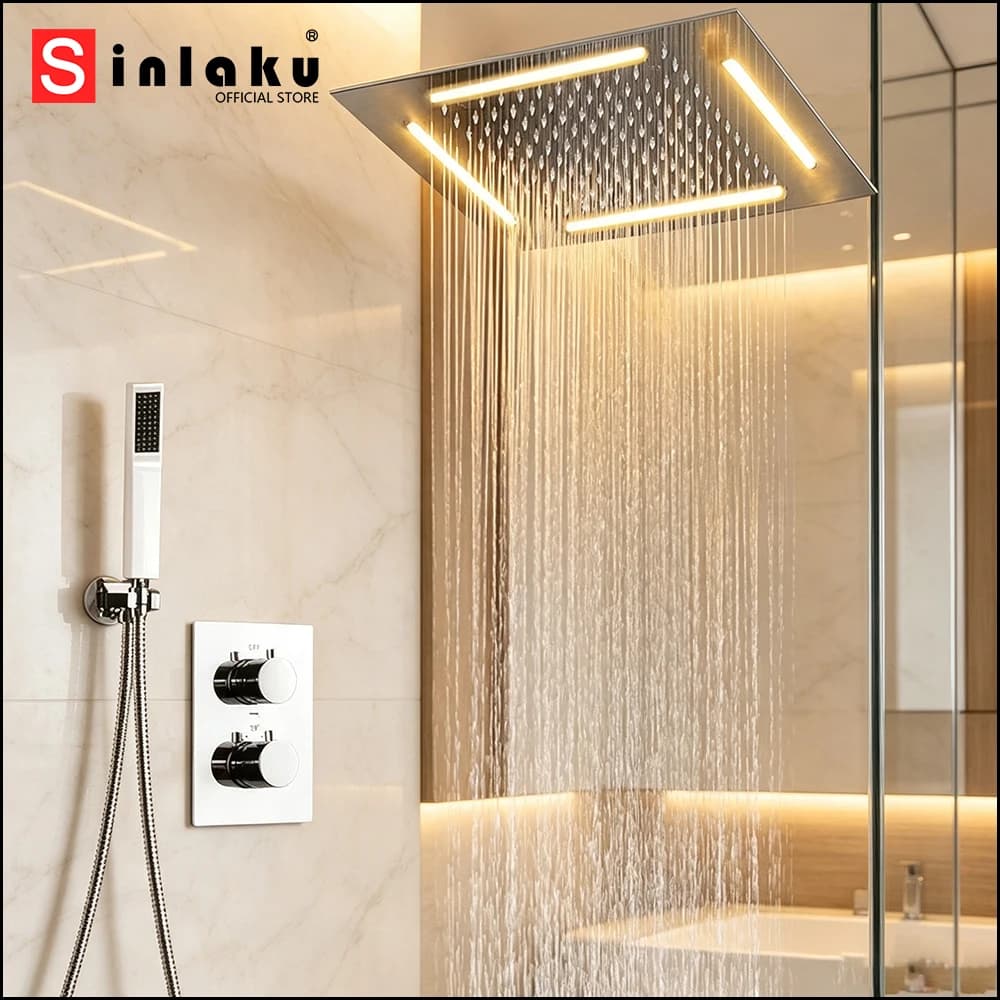 SINLAKU LED Rainfall Shower System Ceiling Mounted Concealed Shower Chrome Mixer Valve Handheld Spray Bathroom Shower Combo