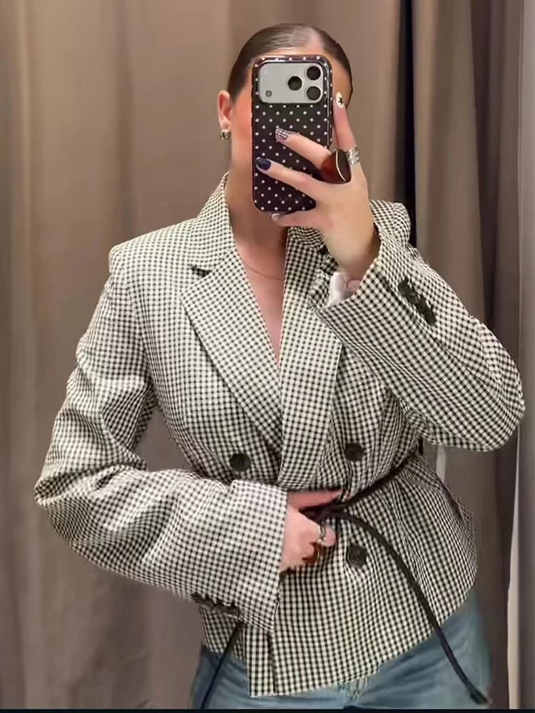 New Office Ladies Vintage Blazer Elegant V Neck Double Breasted Belt Pockets Jackt New Fashion 2026 Spring Commuting Blazer