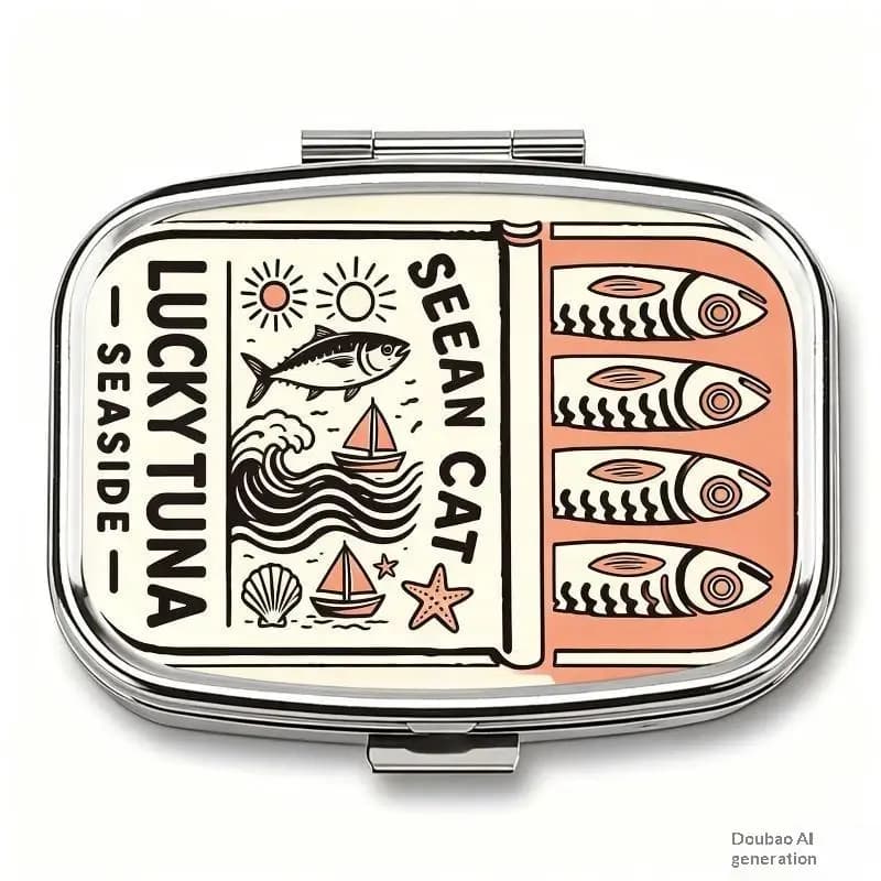 LUCKY TUNA Sardines Print Metal Pill Box, Portable 2-Compartment Travel Pill Organizer For Vitamins & Pills〔HMA58〕