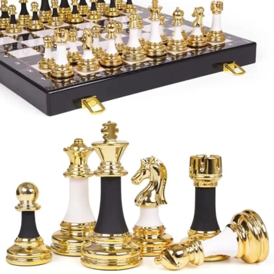 Set di Scacchi Grande con Pezzi in Lega di Zinco Pesanti e Acrilico, Scacchiera Pieghevole in Legno di Lusso da 15 Pollici, Re Alto 3,5 Pollici, Set di Scacchi Pesante, C