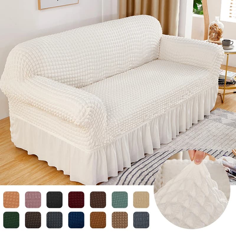 Seersucker upholstered for living room covers elasticated solid sofa thick 1/2/3/4 seat covers sofa