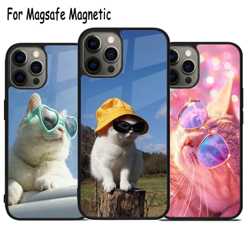 Cover Magnetica Wireless Magsafe per iPhone 17 Air 15 16e 14 13 11 12 Pro Max Plus con Design Artistico Gatto Divertente e Occhiali - Stai al Top con Stile!