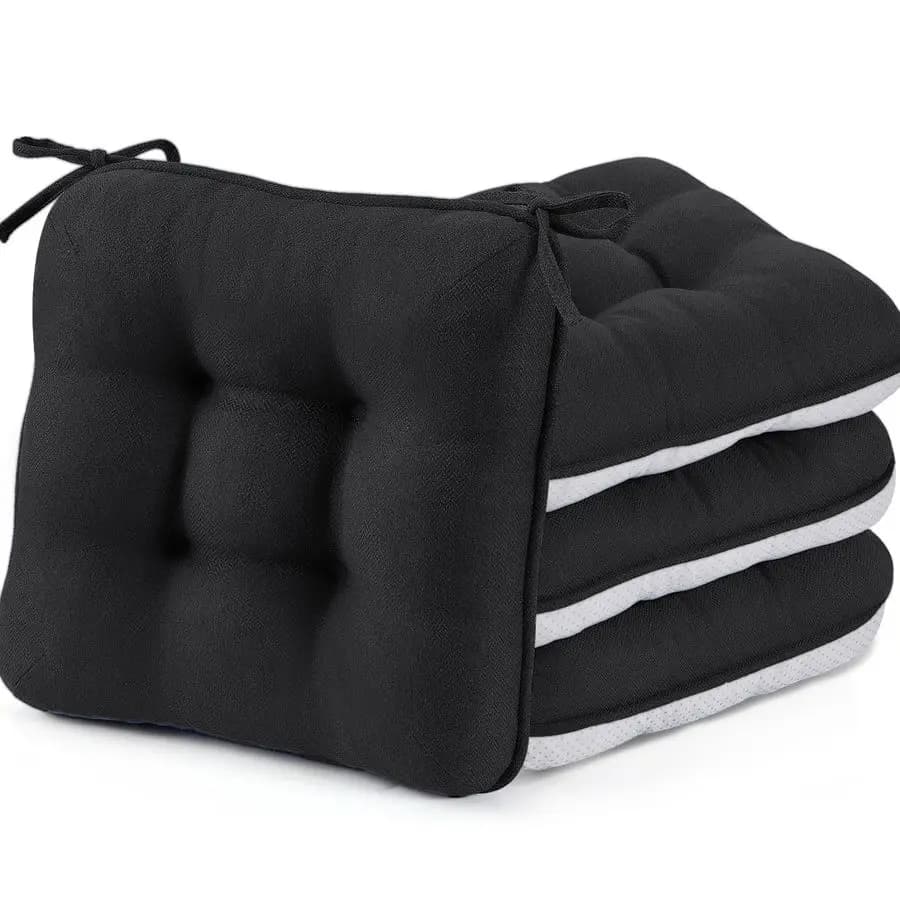 Black Cushions for Lunch Chairs, Set of 4, Thickness 3.5 cm, Supplies for Kitchen Chairs with Laces, Non-slip Base and Coatings, Covers