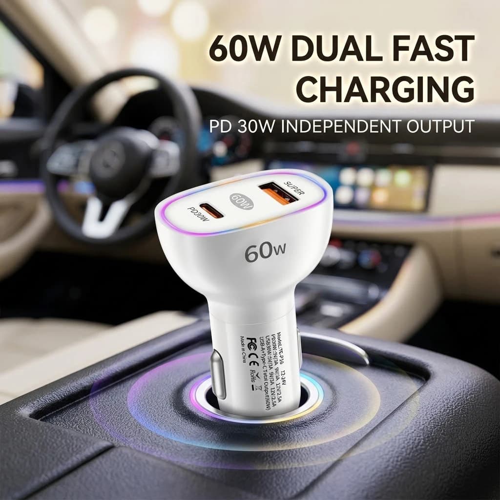 Caricabatterie da auto a doppia porta 60W USB C PD e USB A con ricarica rapida, adattatore automatico 12V-24V per iPhone e Samsung