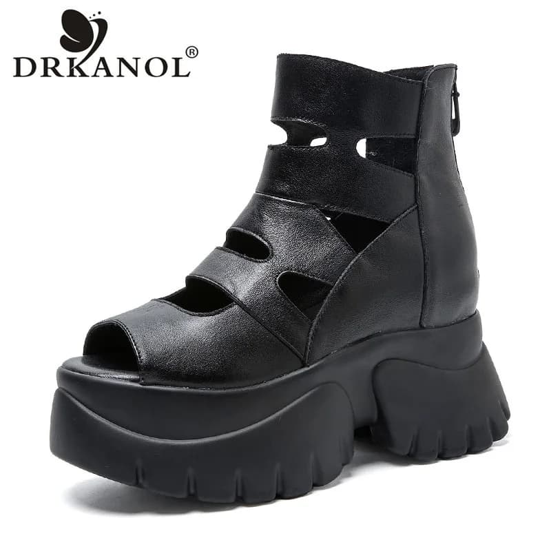 DRKANOL Women Thick Sole Height Increasing Sandals Summer Open Toe Hollow Back Zipper Genuine Leather Roman Sandals Cool Boots