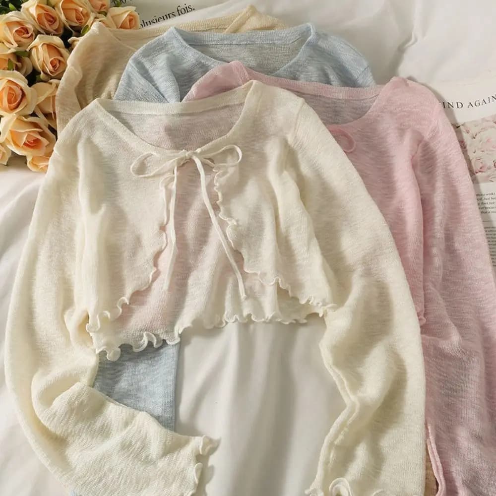 Nuovo cardigan con protezione solare sottile design con volant manica lunga protezione solare abbigliamento protezione solare cappotto corto in poliestere casual estivo