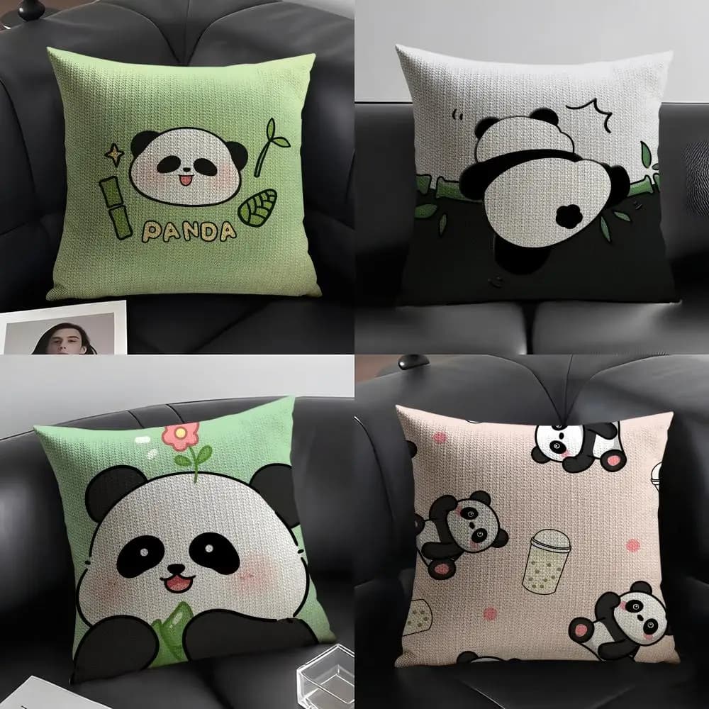 Fodere per cuscini in lino con simpatico panda dei cartoni animati, per divano decorativo, casa, auto e sedie