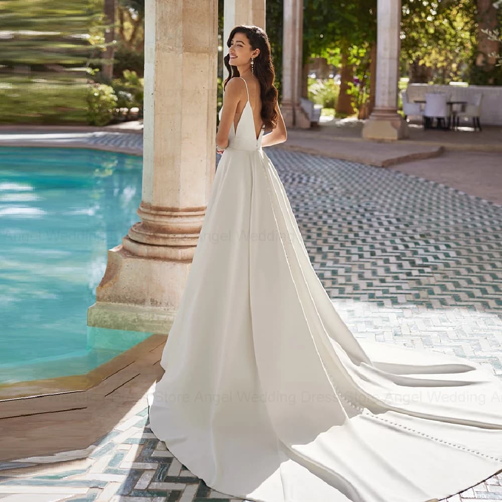 ANGEL Abiti da sposa semplici in raso senza schienale personalizzati senza maniche con cinturino per spaghetti A-Line con scollo a V Abiti da sposa Abiti da sposa