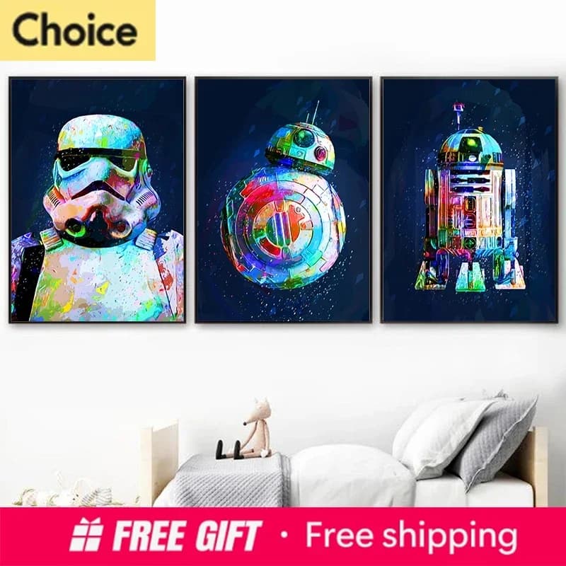 Space Wars Poster Watercolor R2-D2 Prints Sci-Fi Kids Boys Birthday Gift Diamond Painting Robot BB-8 Pictures For Kids Room De