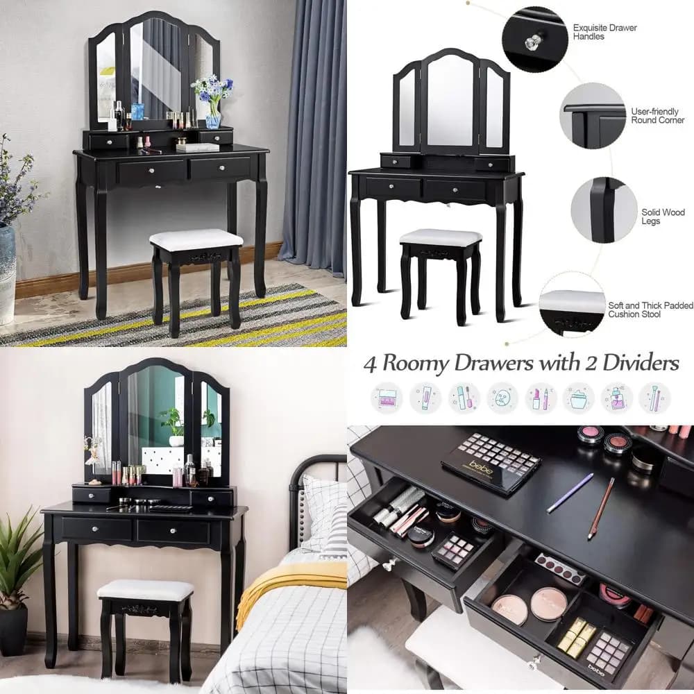Set da Toeletta Nero con Specchio Pieghevole a Tre Ante, 4 Cassetti e Sgabello Imbottito per Camera da Letto o Bagno Femminile