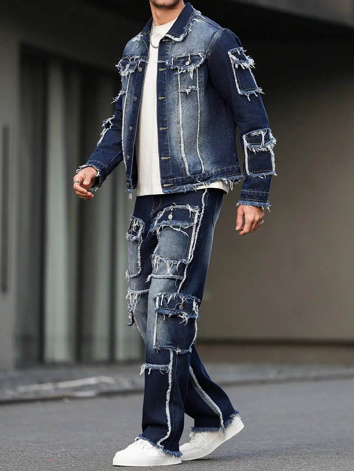 Abito in denim primaverile e autunnale da uomo, design multitasche, stile pantaloni larghi e dritti