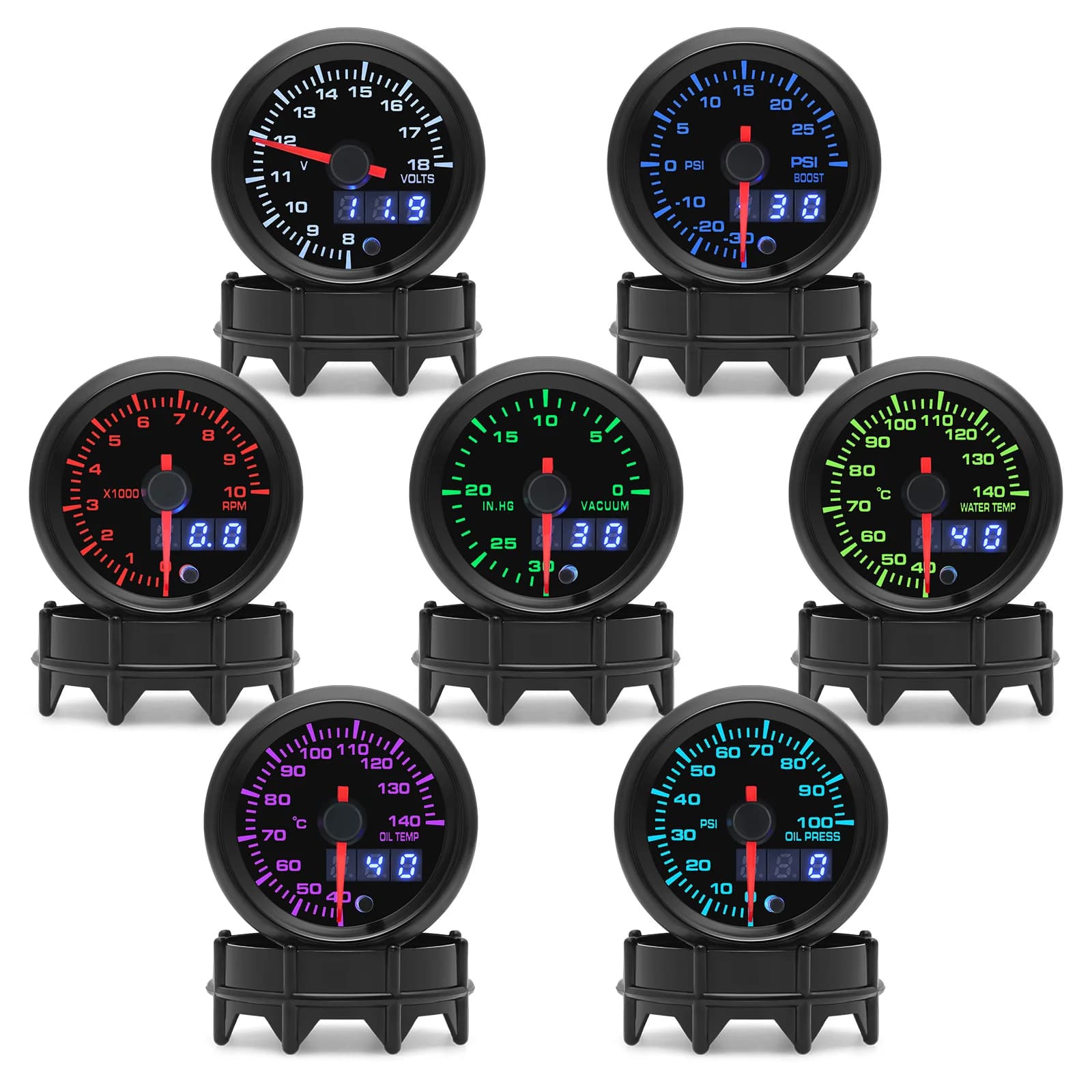2 "52mm 7 colori LED doppio display Boost/acqua/temperatura olio/pressione olio/volt/manometro per auto/manometro per vuoto/manometro per auto giri/min